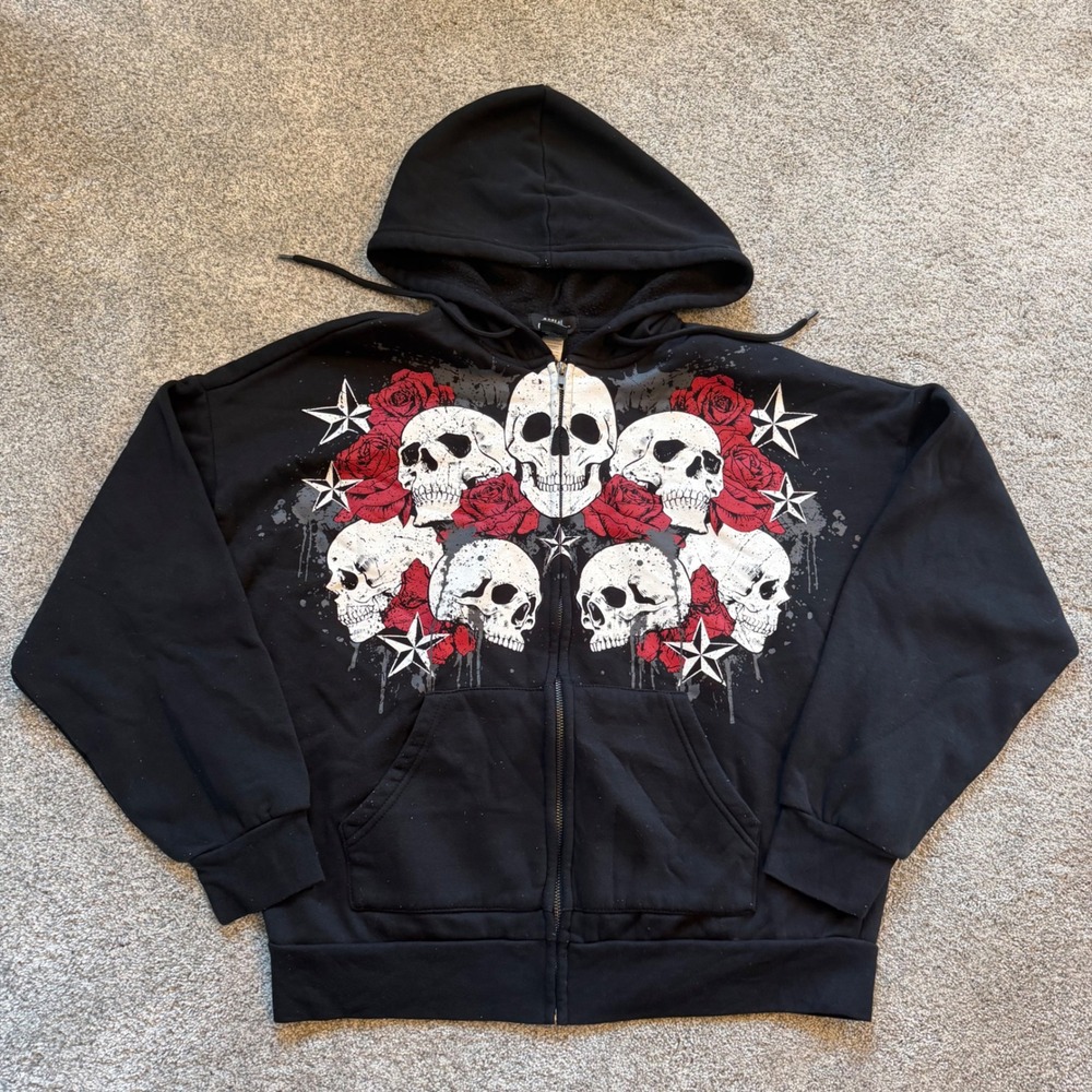 Y2K Social Collision Black Skull Rose Stars Graphic Full Zip Hoodie Mens Medium